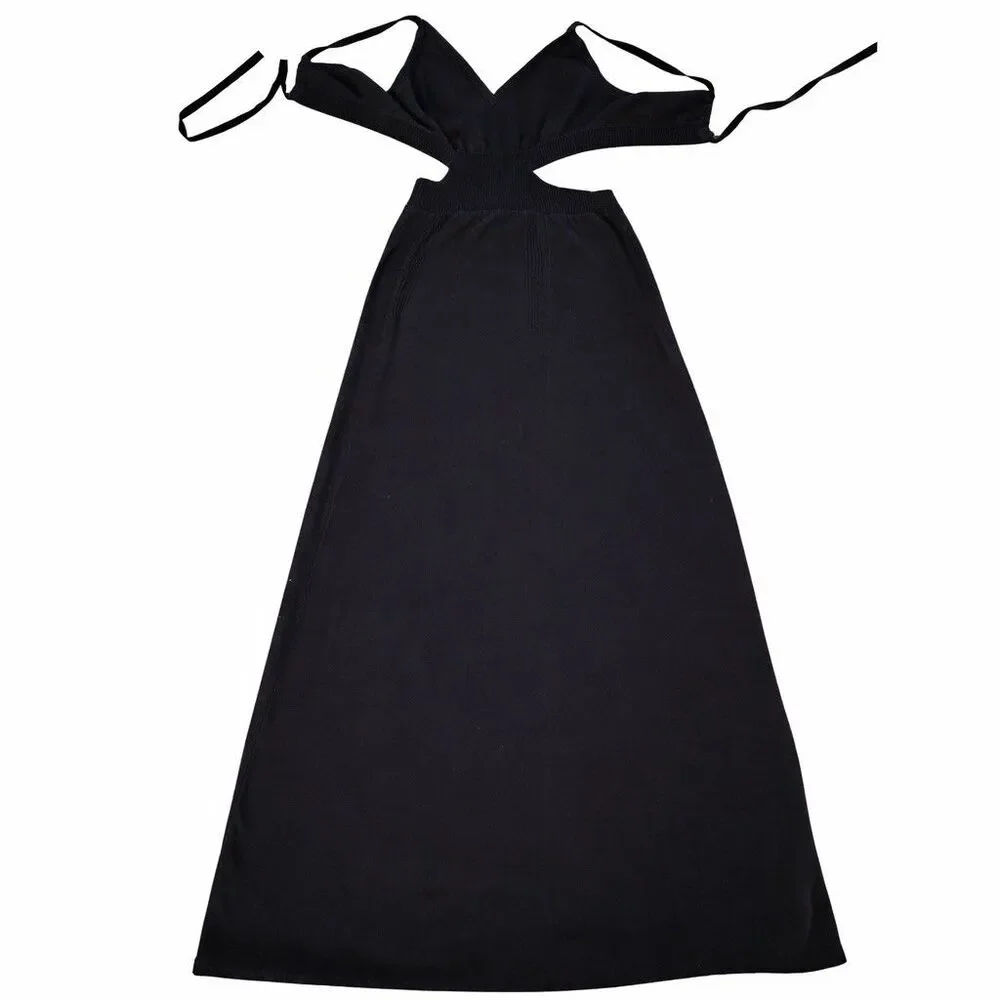 ba&sh Black Cutout Halter Maxi Dress Ribbed Knit Open Back Size 1 - Picture 2 of 9